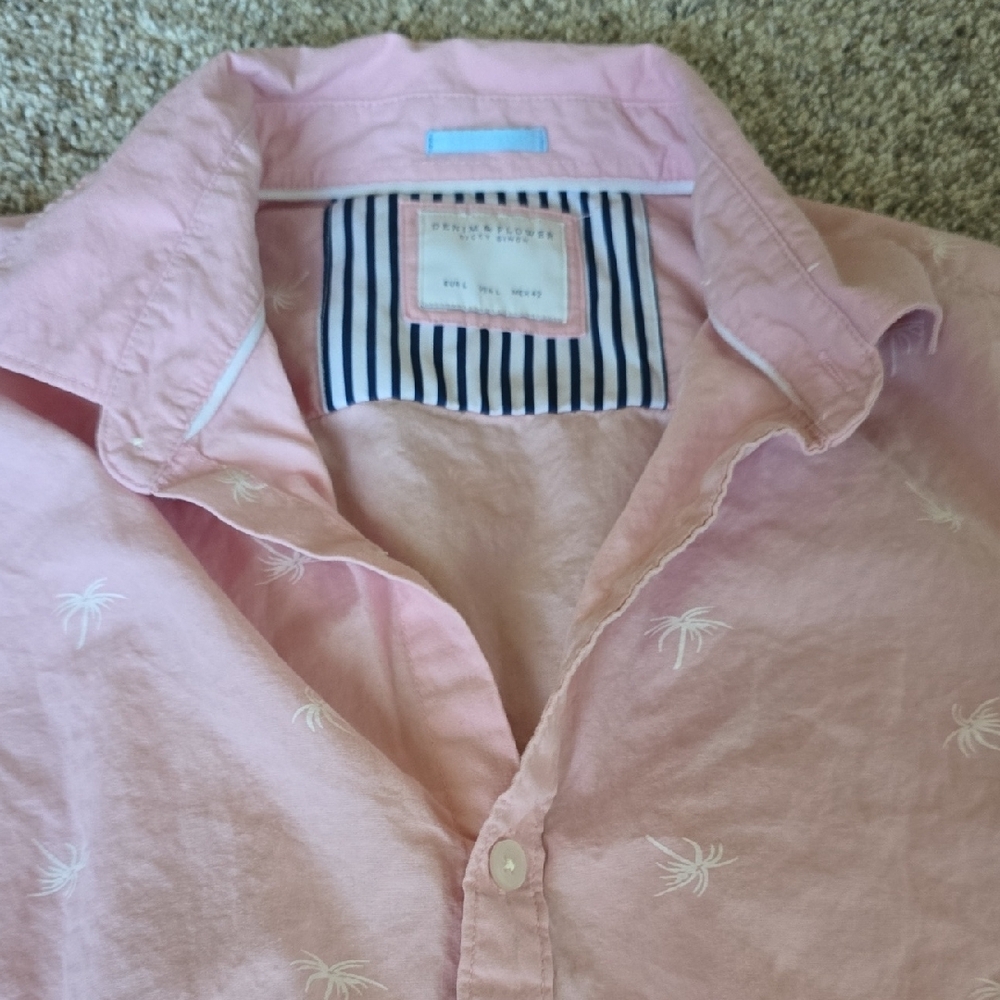 DENIM & FLOWER •MENS SZ LARGE LIGHT PINK PALM TREE  RESORT BUTTON DOWN VACATION
